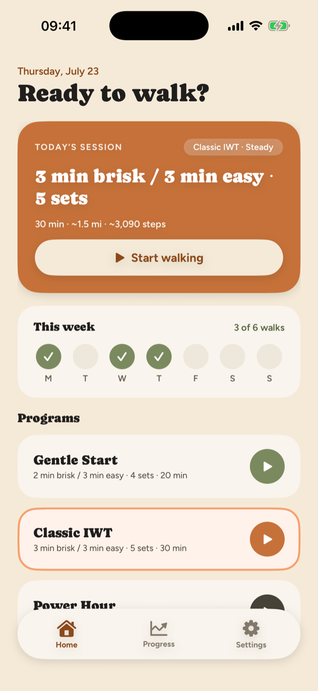 Interval Walk home screen: today's session is a 3 minute brisk, 3 minute easy interval walk for 5 sets, with a weekly progress tracker and a list of programs.